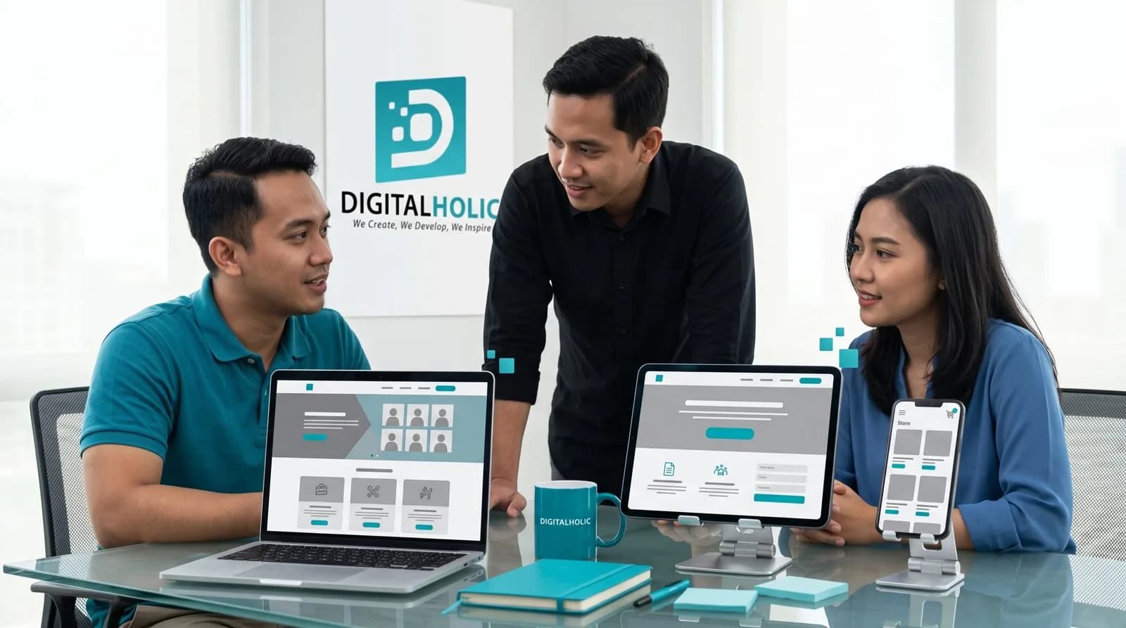 Tim jasa pembuatan website Digital Holic menunjukkan contoh company profile, landing page, dan e-commerce di laptop, tablet, dan smartphone